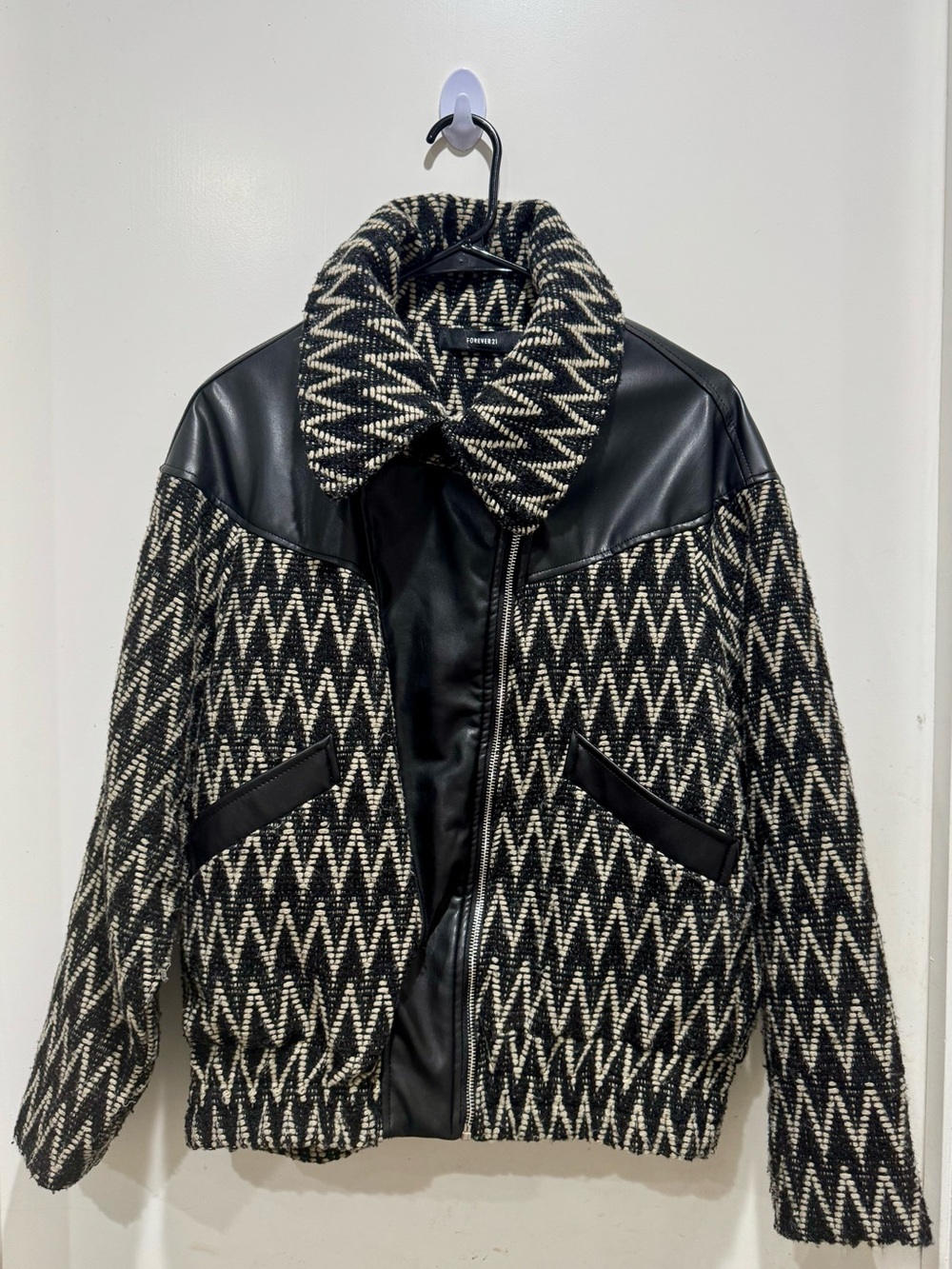 Forever21 Black & Cream Chevron Bomber Jacket with Faux Leather Trim